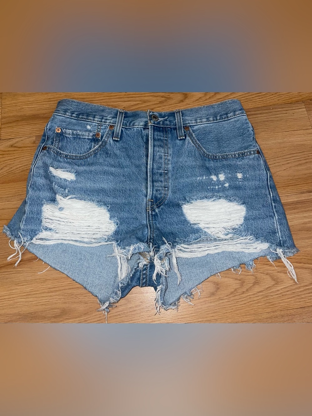 Levi's 501 Women's Distressed Cut Off Denim Shorts Fringe Button Blue